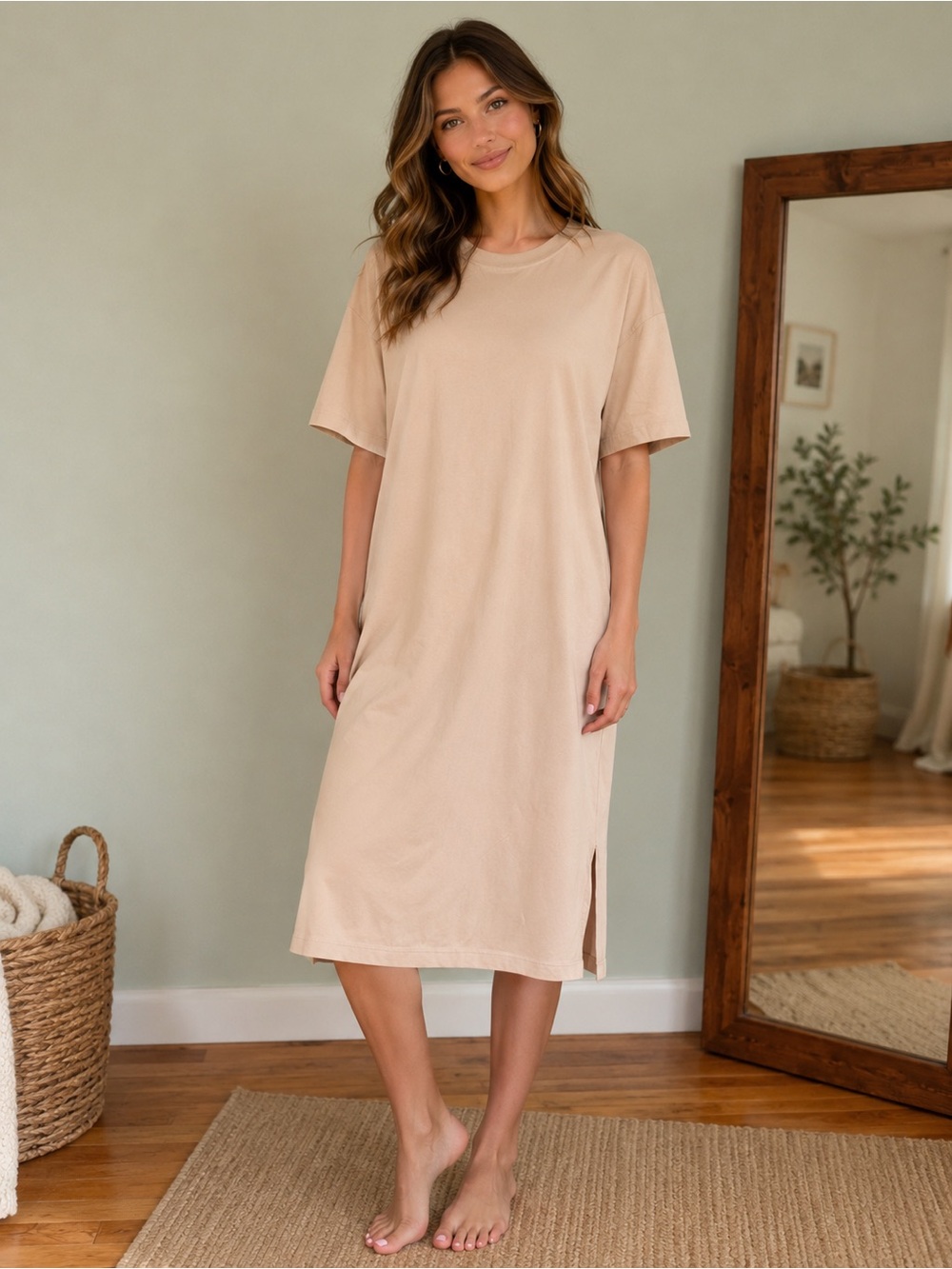 NWOT H&M Neutral Beige T-Shirt Midi Dress